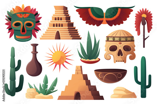 Concept Mexican set. This flat cartoon design features a set of Mexican-themed elements and symbols on a clean white background. Vector illustration.