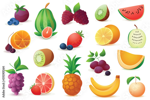 Concept Fruits. This flat cartoon design showcases a set of colorful and tasty fruits, such as apples, bananas, and oranges, on a plain white background. Vector illustration.