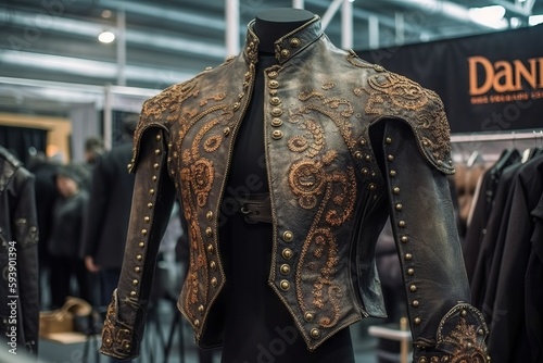 A hell jacket with a rock and hell-style design, featuring various dark and eerie patterns, hangs on an exhibition stand, seeking luxury and exclusivity. Generative ai
