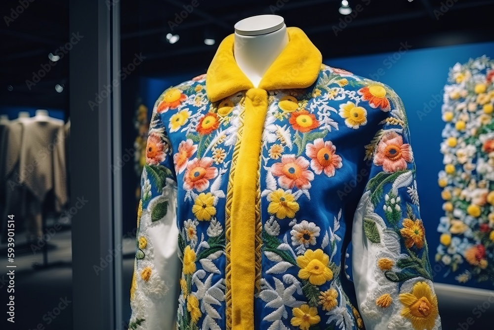 A jacket in the colors of the Ukrainian flag, blue and yellow, is hanging on an exhibition stand, featuring floral embroidery, showcasing a luxurious and high-end fashion design. Generative ai