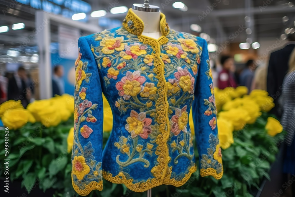 A jacket in the colors of the Ukrainian flag, blue and yellow, is hanging on an exhibition stand, featuring floral embroidery, showcasing a luxurious and high-end fashion design. Generative ai
