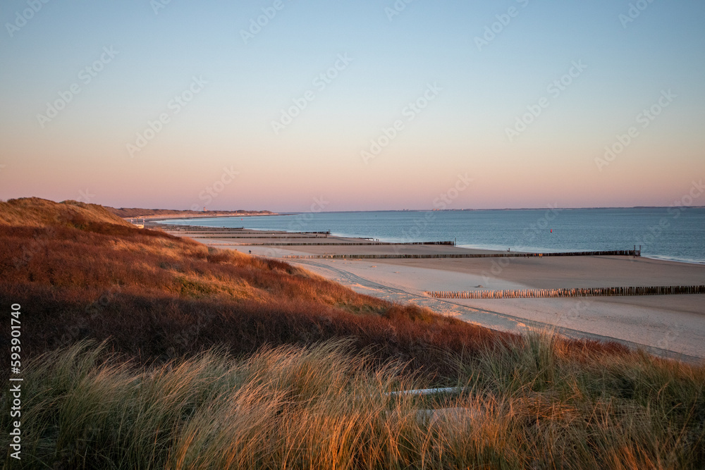 Golden Hour shot of dunes and the beach with a blue sky in Zeeland, Groningen