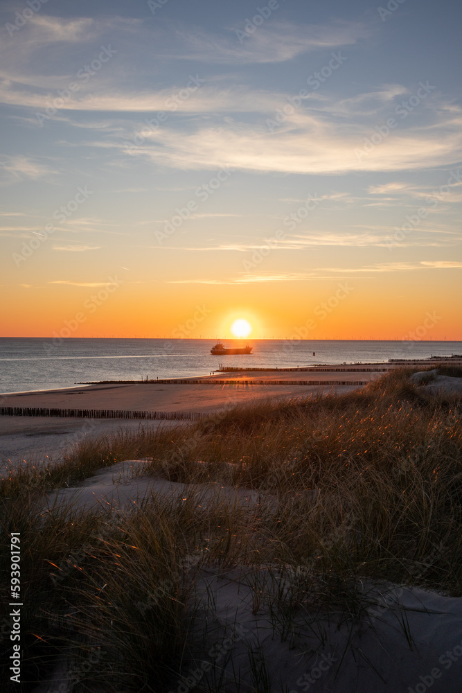 Sunset photo on a dune with the beach and a ship on the North Sea coast in Zeeland, Netherlands