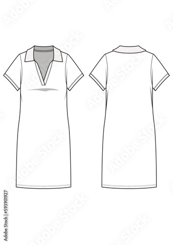 Womenswear short sleeve polo dress midi length technical drawing / flat sketch /CAD / ADOBE Illustrator vector digital download