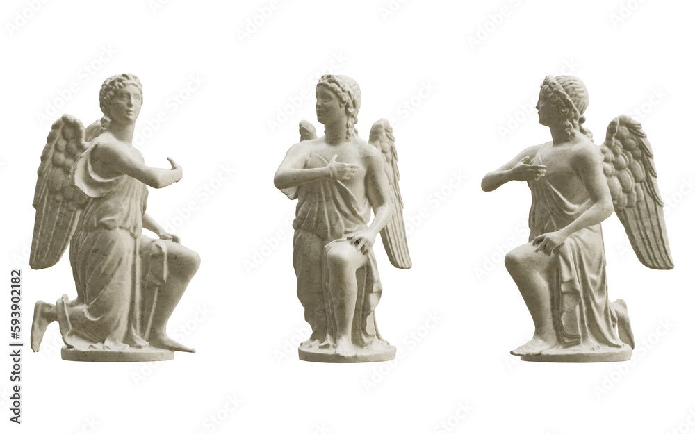 Sculpture of a kneeling angel from three different angles isolated on transparent background. 3D rendering