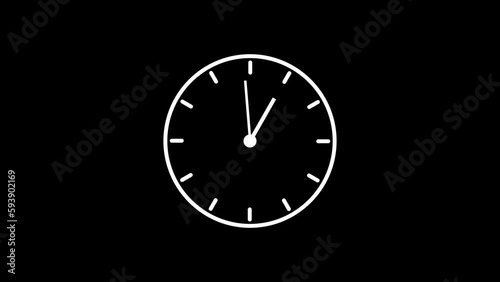 Animated wall clock in 60 second loop. Clock with moving arrows. Time lapse loop. Alpha channel on black background for locking. Black minute and hour hands with second pointer, 4K Quality Video