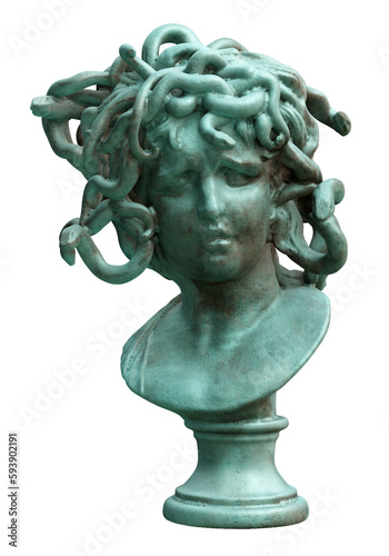 Bust of the head of Medusa isolated on transparent background. 3D rendering