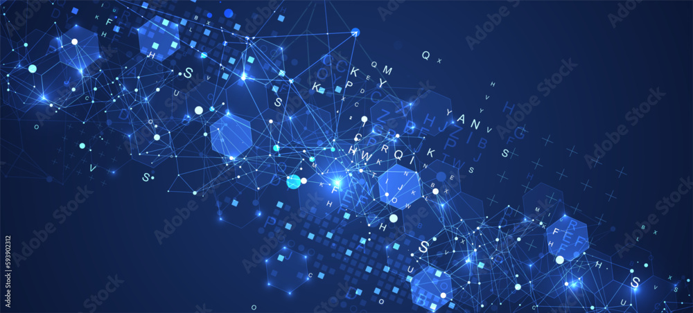 Fototapeta premium Abstract hexagon background with plexus effect and letters for design works.