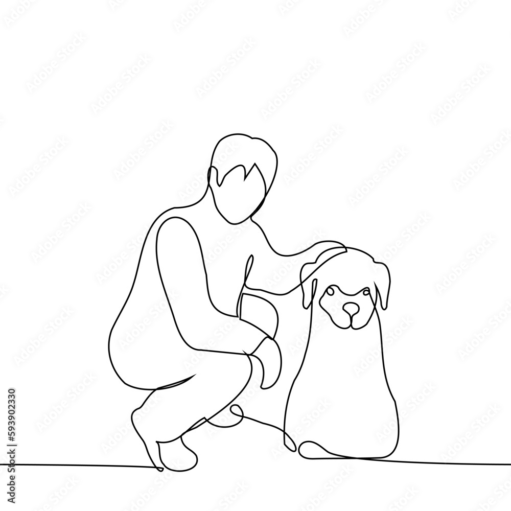 man squatting down and petting a dog while looking at the viewer - one line drawing vector. concept dog owner posing with pet, love for dogs man squatting down and petting a dog while looking at the viewer - one line drawing vector. concept dog owner posing with pet, love for dogs