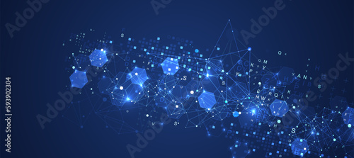 Abstract hexagon background with plexus effect and letters for design works.
