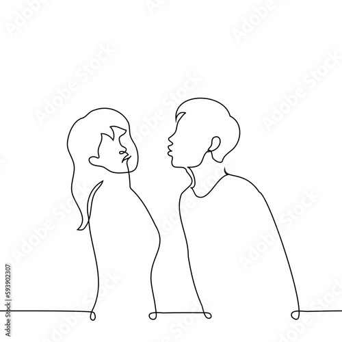 man leans in to kiss woman who avoids the kiss in disgust - one line drawing vector. concept sexual harassment, tactile and non-tactile, attempt to kiss