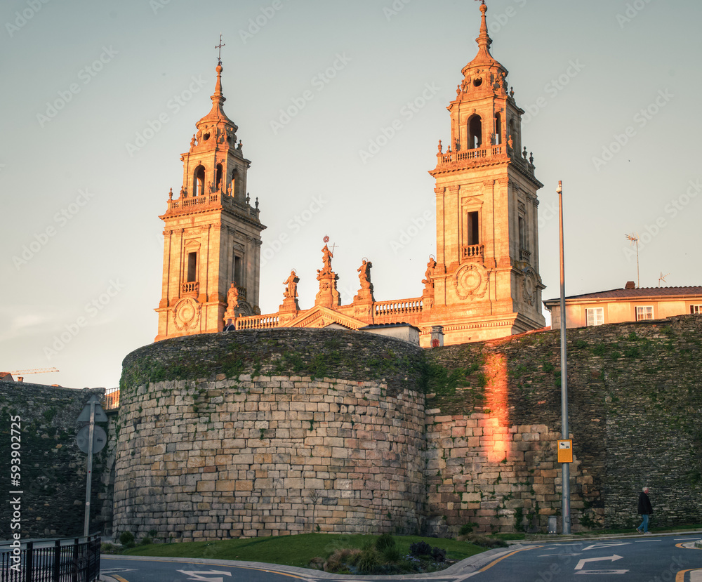 The bimillennial Roman wall and the Romanesque cathedral in Lugo