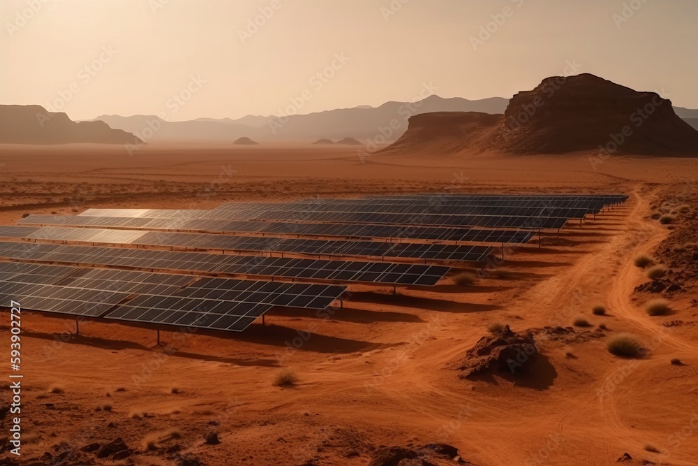 Solar power plant with rows of large solar panels in a desert landscape ...