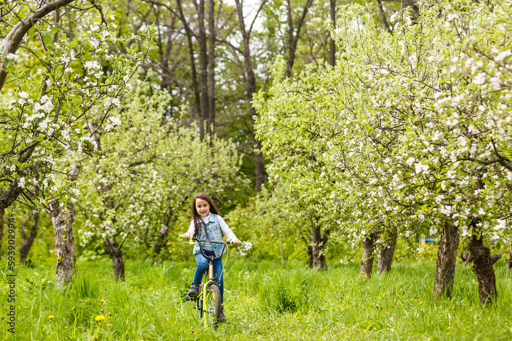 Obraz premium little girl with bicycle near tree with blossoms