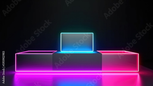 Neon Background. 3D abstract background with neon lights. Neon light effect. Glowing round podium - Generative AI