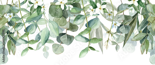 Seamless watercolor border with white flowers and eucalyptus greens. For wedding invitations, greetings, wallpapers, fashion, prints