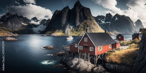 Scandinavian house or hamnoy fishing village in moskenes at lofoten islands Generative AI photo