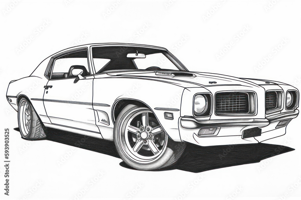 dessin noir et blanc d'une voiture de sport américaine des années 1960-1970