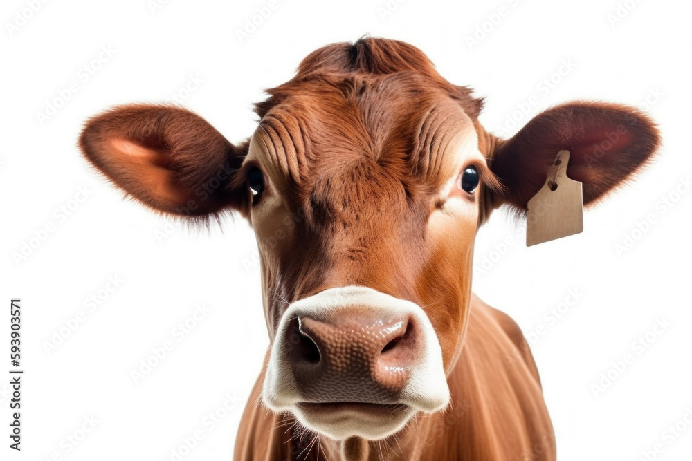 Tête de jeune vache vue de face sur fond blanc Tête de jeune vache vue de face sur fond blanc