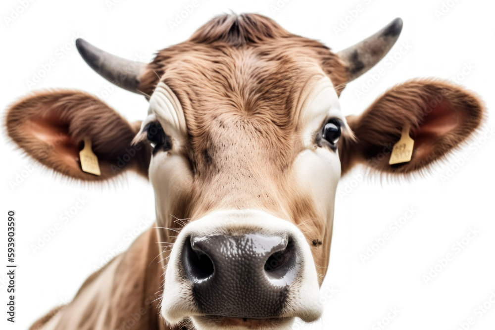 Tête de jeune vache vue de face sur fond blanc