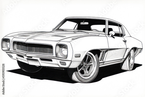 dessin noir et blanc d une voiture de sport am  ricaine des ann  es 1960-1970
