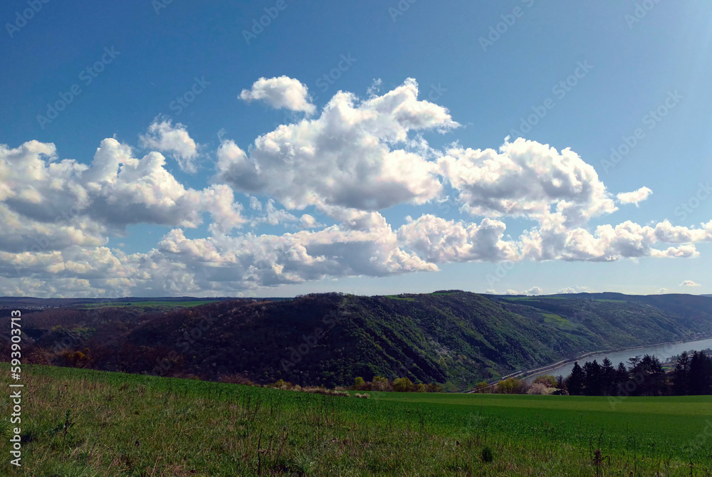 Obraz premium Blick auf den Rhein im Mittelrheintal bei Oberwesel in Rheinland-Pfalz vom Wanderweg Traumschleife Mittelrhein, der als Deutschlands schönster Wanderweg 2023 nominiert ist. 
