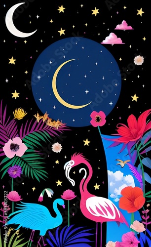 Cosmic  Flamingo  Moon  Night  Sky  Miami  Love  Good Vibes  Greeting card  Wildlife  Pink  Feather  Skyline  Ocean Drive  Art Deco  Neon lights  Display Art  Generative AI