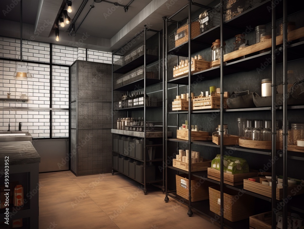 interior of a warehouse, kitchen with industrialism style. Generative ai