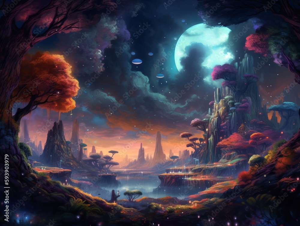 Fantasy landscape, hills, trees, moon, sky, fantasy game concept art. Generative ai Fantasy landscape, hills, trees, moon, sky, fantasy game concept art. Generative ai