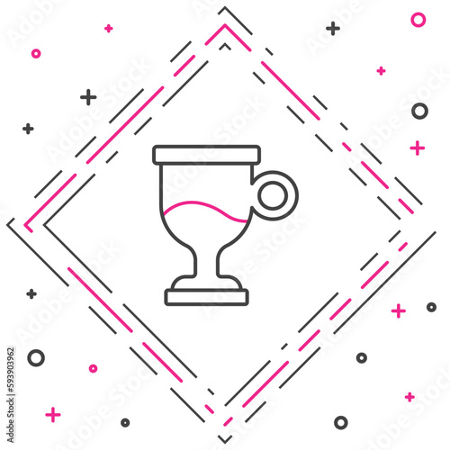 Line Mulled wine with glass of drink and ingredients icon isolated on white background. Cinnamon stick, clove, lemon slice. Colorful outline concept. Vector