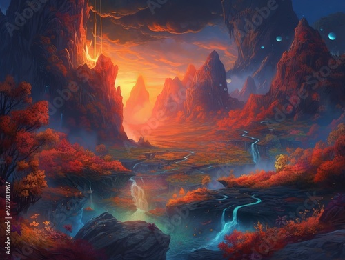 Fantasy landscape with hills and waterfalls. Generative ai