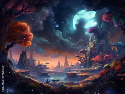 Fantasy landscape, hills, trees, moon, sky, fantasy game concept art. Generative ai