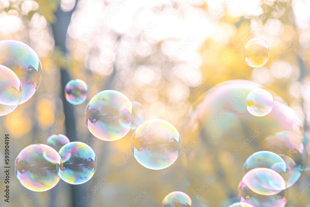Colorful soap bubbles in the air and blurred bokeh nature background Generative AI Illustration