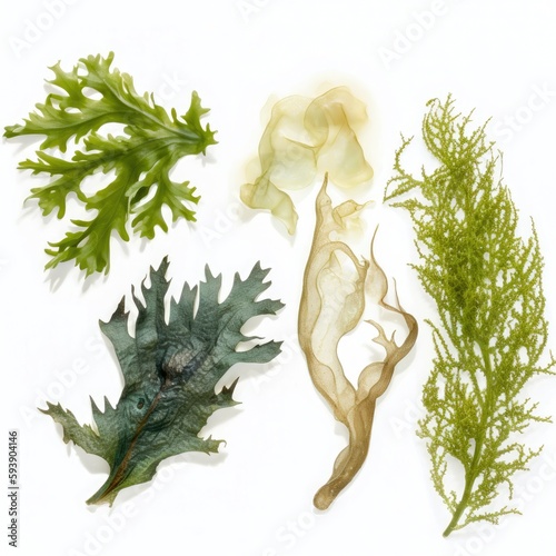Various species of raw fresh organic green algae rich in minerals and iodine on white background Generative AI Illustration