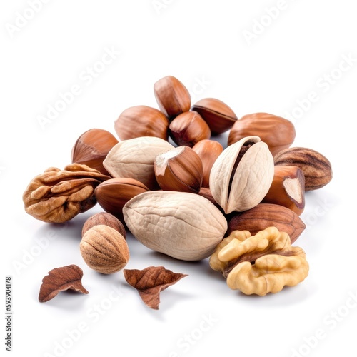 Mix of different dried fruits nuts hazelnuts almonds pistachios on white background Generative AI Illustration