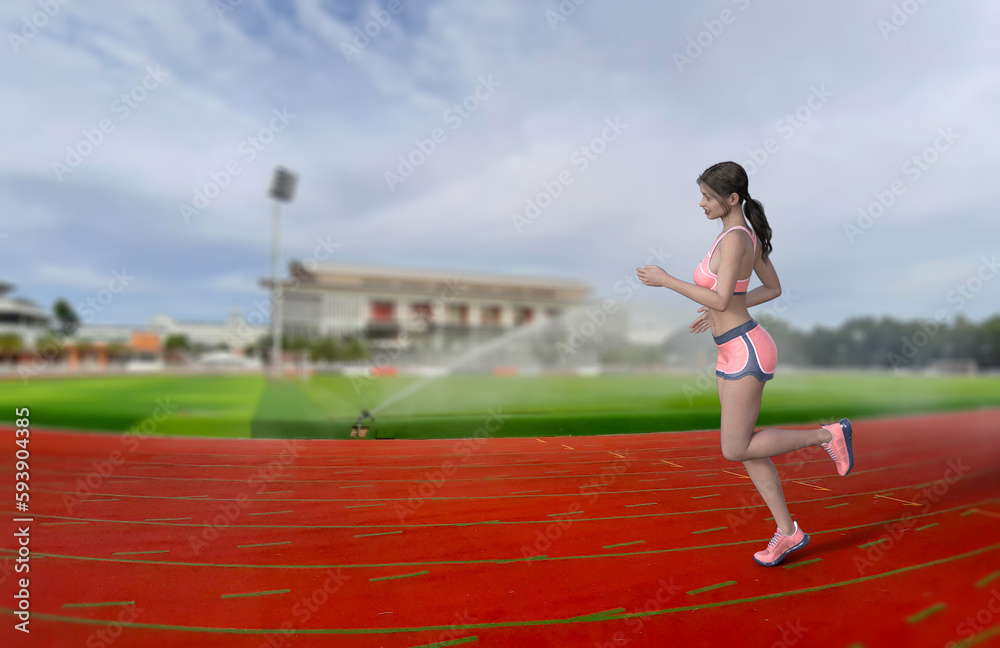 Female runner training outdoor. Young woman running in stadium track. 3D illustration people. Female runner training outdoor. Young woman running in stadium track. 3D illustration people.