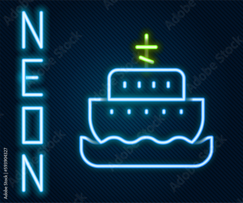 Glowing neon line Ark of noah icon isolated on black background. Wood big high cargo. Colorful outline concept. Vector