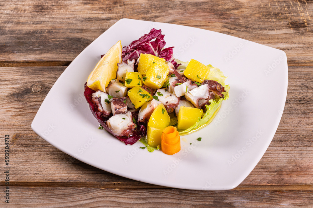 Polpo all'insalata accompagnato da radicchio e patate bollite con prezzemolo servito come secondo piatto in un ristorante Polpo all'insalata accompagnato da radicchio e patate bollite con prezzemolo servito come secondo piatto in un ristorante