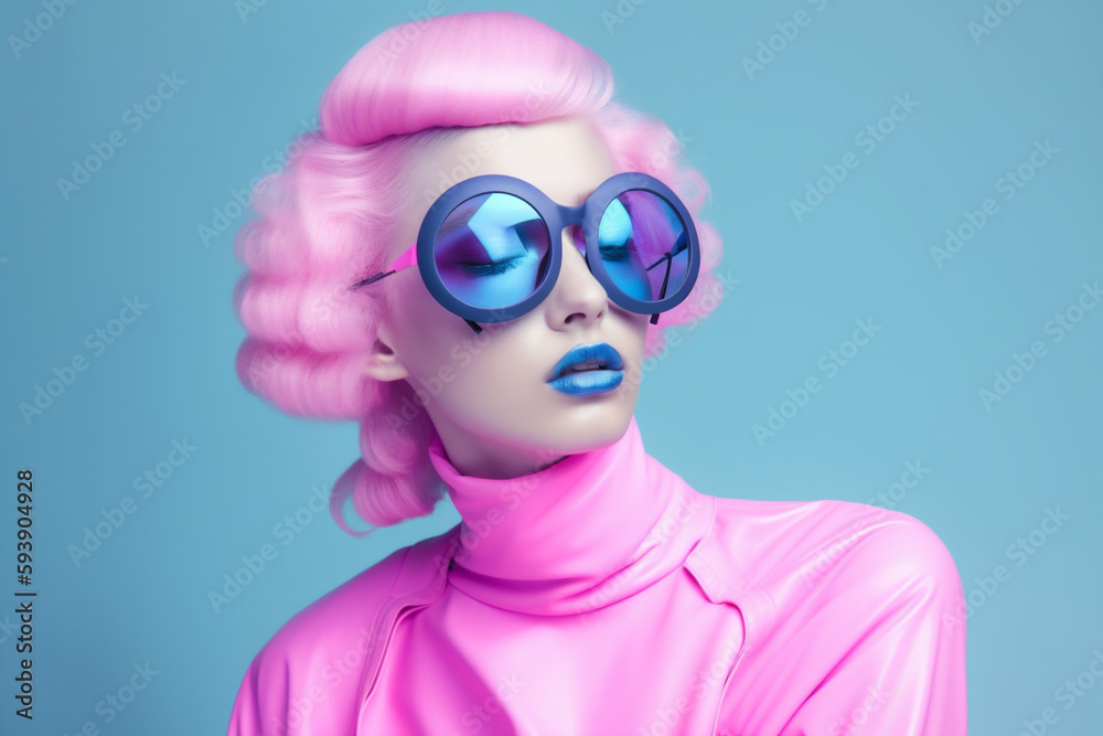 latex woman portrait art beauty glasses colourful fashion hat model creative. Generative AI.