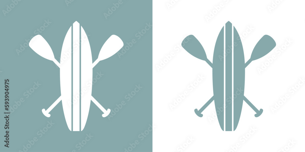 Logo club de paddle surf. Silueta de tabla de paddle surf con remos