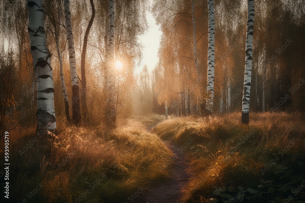A path in a birch grove at dawn, the rising sun in the center. Generative AI