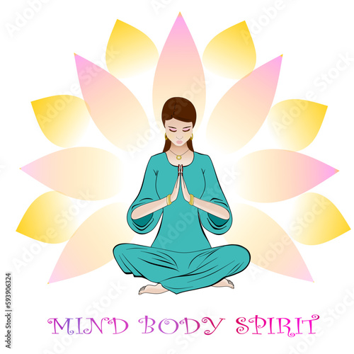 Silhouette of woman in meditation with yellow and pink lotus flower shaped background