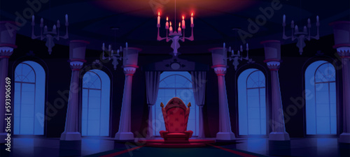 Night castle palace hall room with throne and spotlight cartoon background. Dark medieval ballroom game illustration with candles chandelier light and red king chair. Majestic costly decoration