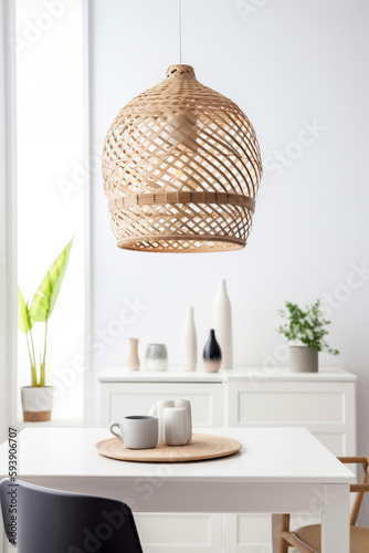 dining kitchen table beige style rattan decor furniture lamp room. Generative AI.