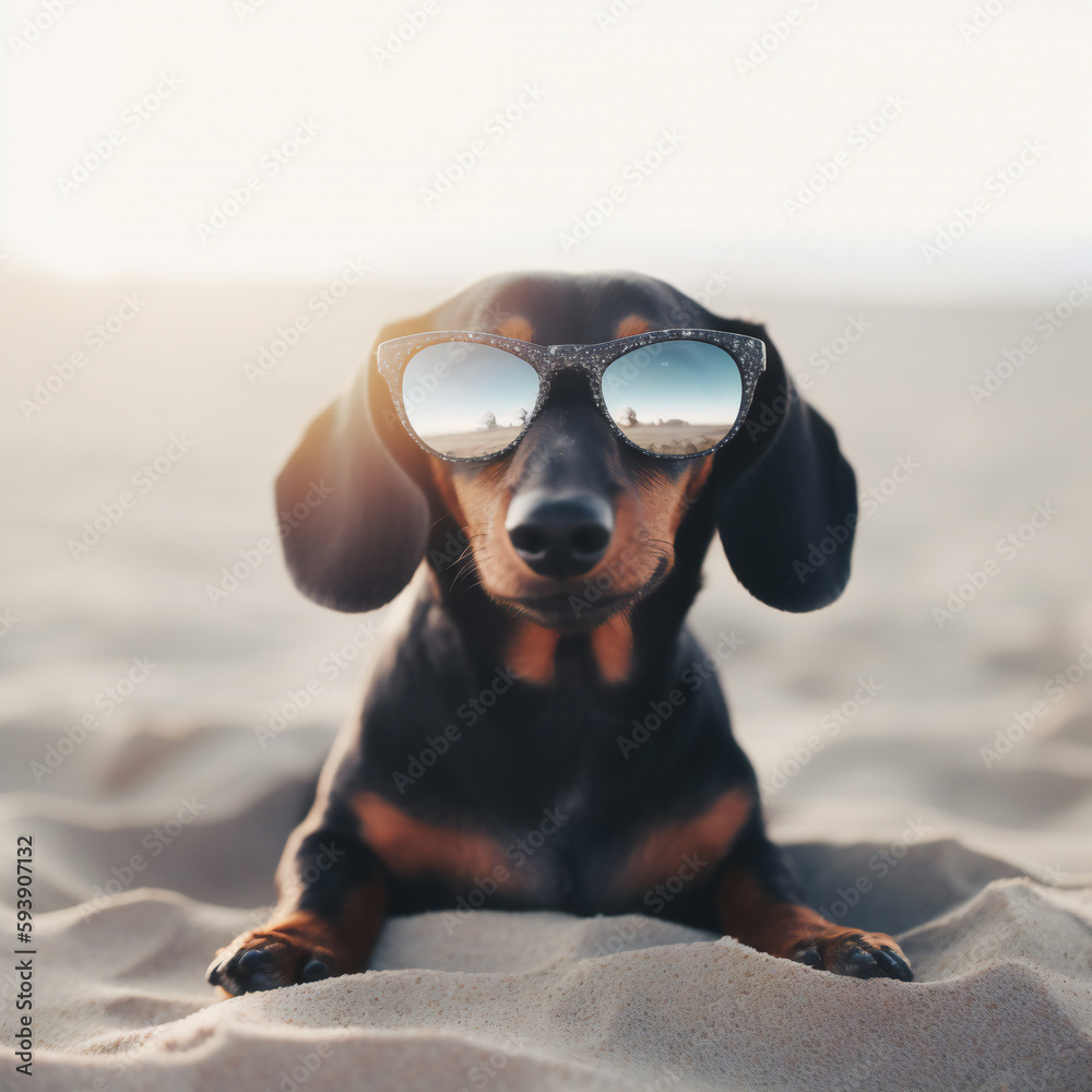 beautiful dog of dachshund smiling , black and tan, buried in the sand at the beach sea on summer vacation holidays, wearing sunglasses. generative ai beautiful dog of dachshund smiling , black and tan, buried in the sand at the beach sea on summer vacation holidays, wearing sunglasses. generative ai