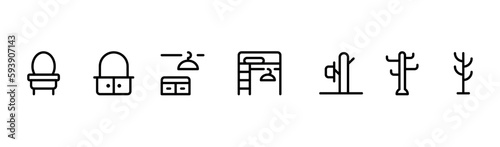 Hanger, dressing table, fashion, furniture relatied icon vector set design with Editable Stroke. Line, Solid, Flat Line, thin style and Suitable for Web Page, Mobile App, UI, UX design.
