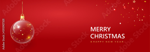 Christmas decorations glass baubles transparent ball, hang on gold ribbon.Holiday Christmas ball objects