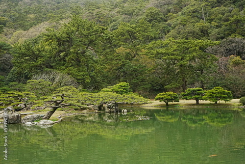 Traditional Pond and Japanese Garden at Ritsurin Garden Park in Takamatsu, Kagawa, Japan - 日本 香川 高松 栗林公園 日本庭園 池