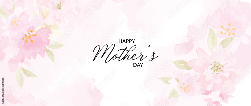 Happy mother's day background vector. Watercolor floral wallpaper design with leaves, pink flower frames. Mother's day concept illustration design for cover, banner, greeting card, decoration. - obrazy, fototapety, plakaty 