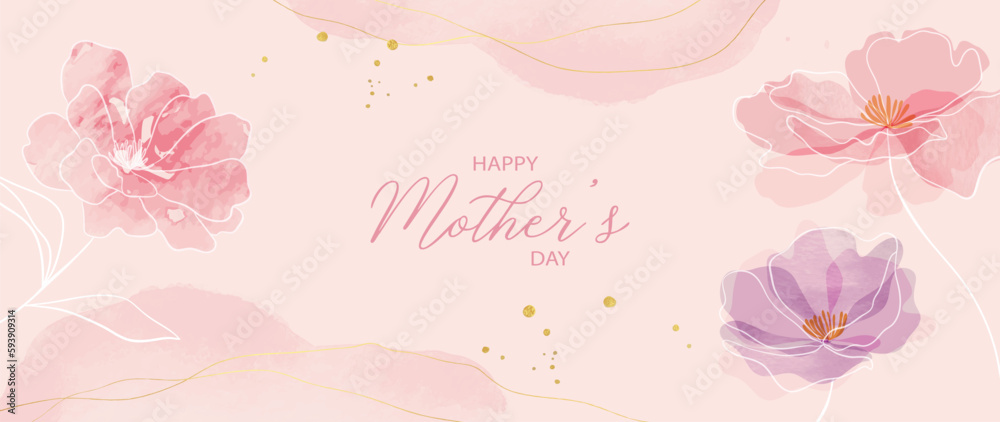 Happy mother's day background vector. Watercolor floral wallpaper design with colorful wild flowers, leaves. Mother's day concept illustration design for cover, banner, greeting card, decoration. - obrazy, fototapety, plakaty 